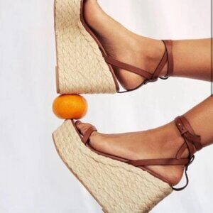 Frame Denim Le Venice Platform Espadrille Wedges Cognac Brown Leather 39